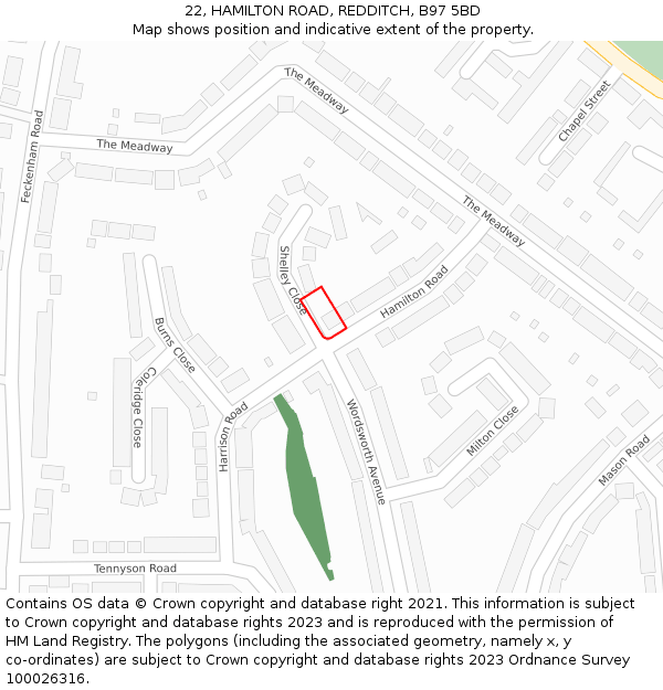 22, HAMILTON ROAD, REDDITCH, B97 5BD: Location map and indicative extent of plot
