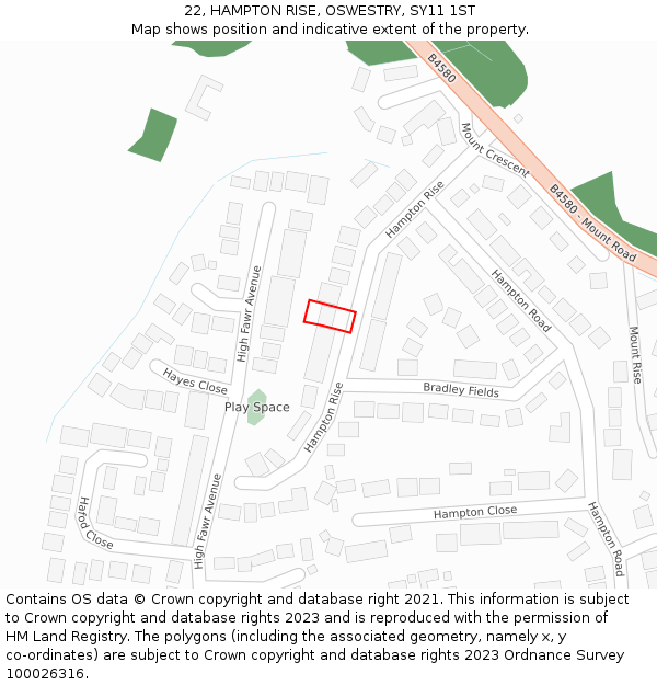 22, HAMPTON RISE, OSWESTRY, SY11 1ST: Location map and indicative extent of plot