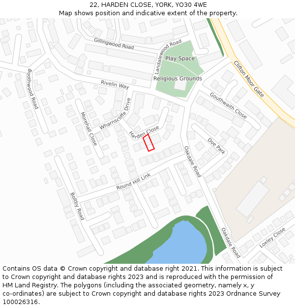 22, HARDEN CLOSE, YORK, YO30 4WE: Location map and indicative extent of plot