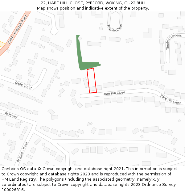 22, HARE HILL CLOSE, PYRFORD, WOKING, GU22 8UH: Location map and indicative extent of plot