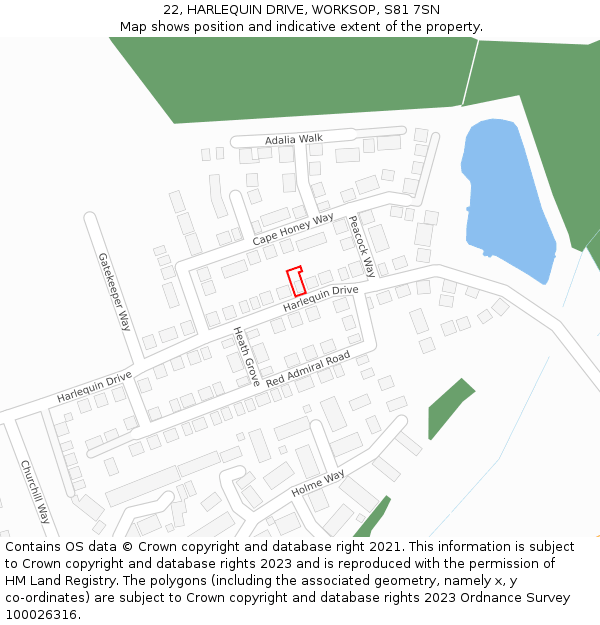 22, HARLEQUIN DRIVE, WORKSOP, S81 7SN: Location map and indicative extent of plot