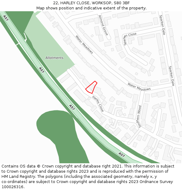 22, HARLEY CLOSE, WORKSOP, S80 3BF: Location map and indicative extent of plot