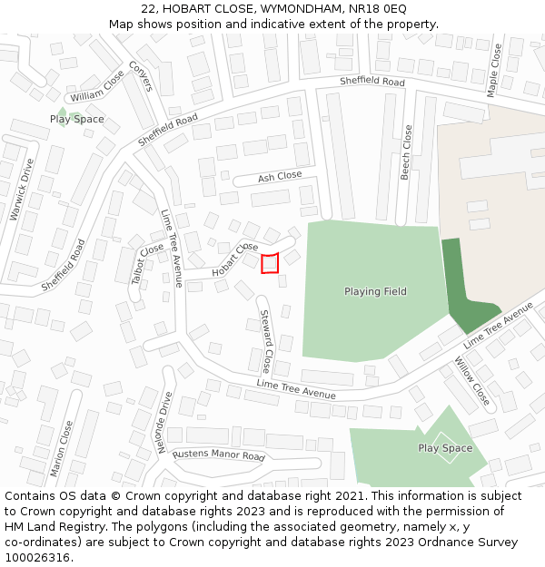 22, HOBART CLOSE, WYMONDHAM, NR18 0EQ: Location map and indicative extent of plot