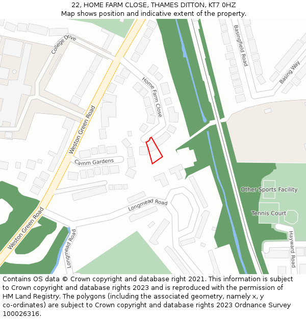 22, HOME FARM CLOSE, THAMES DITTON, KT7 0HZ: Location map and indicative extent of plot