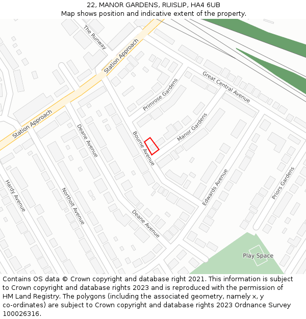 22, MANOR GARDENS, RUISLIP, HA4 6UB: Location map and indicative extent of plot