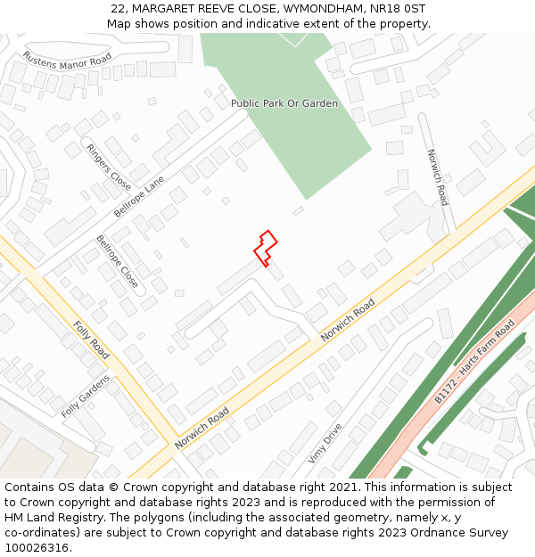 22, MARGARET REEVE CLOSE, WYMONDHAM, NR18 0ST: Location map and indicative extent of plot