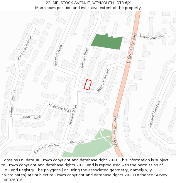 22, MELSTOCK AVENUE, WEYMOUTH, DT3 6JX: Location map and indicative extent of plot