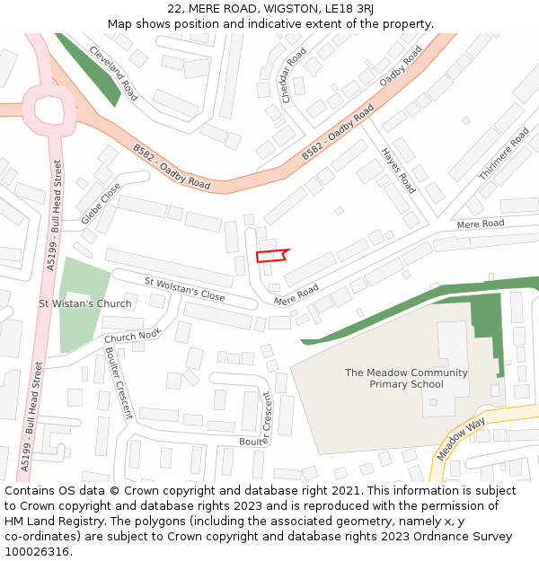 22, MERE ROAD, WIGSTON, LE18 3RJ: Location map and indicative extent of plot