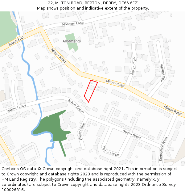 22, MILTON ROAD, REPTON, DERBY, DE65 6FZ: Location map and indicative extent of plot
