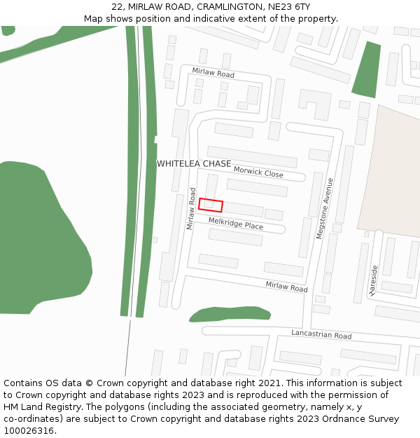 22, MIRLAW ROAD, CRAMLINGTON, NE23 6TY: Location map and indicative extent of plot
