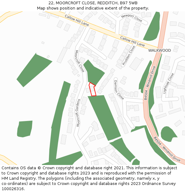 22, MOORCROFT CLOSE, REDDITCH, B97 5WB: Location map and indicative extent of plot