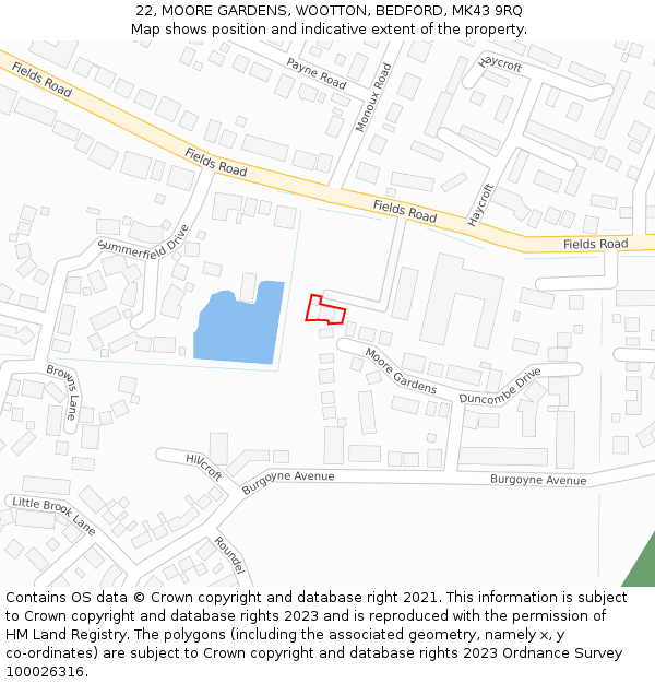 22, MOORE GARDENS, WOOTTON, BEDFORD, MK43 9RQ: Location map and indicative extent of plot