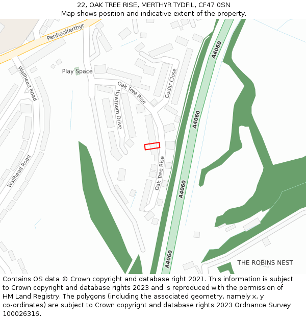 22, OAK TREE RISE, MERTHYR TYDFIL, CF47 0SN: Location map and indicative extent of plot