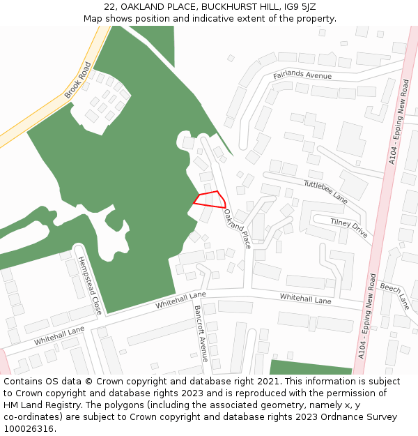 22, OAKLAND PLACE, BUCKHURST HILL, IG9 5JZ: Location map and indicative extent of plot