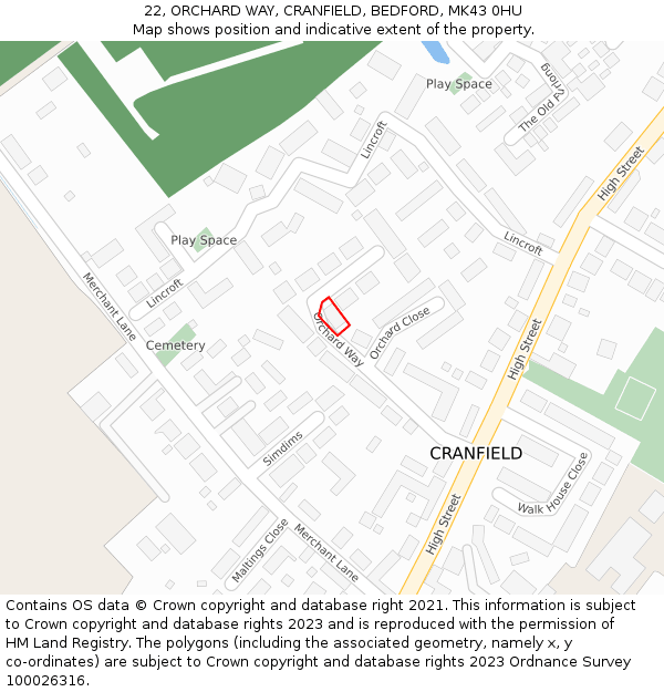 22, ORCHARD WAY, CRANFIELD, BEDFORD, MK43 0HU: Location map and indicative extent of plot