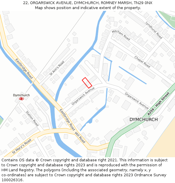 22, ORGARSWICK AVENUE, DYMCHURCH, ROMNEY MARSH, TN29 0NX: Location map and indicative extent of plot