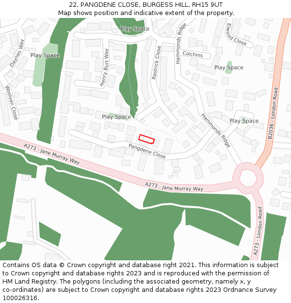 22, PANGDENE CLOSE, BURGESS HILL, RH15 9UT: Location map and indicative extent of plot