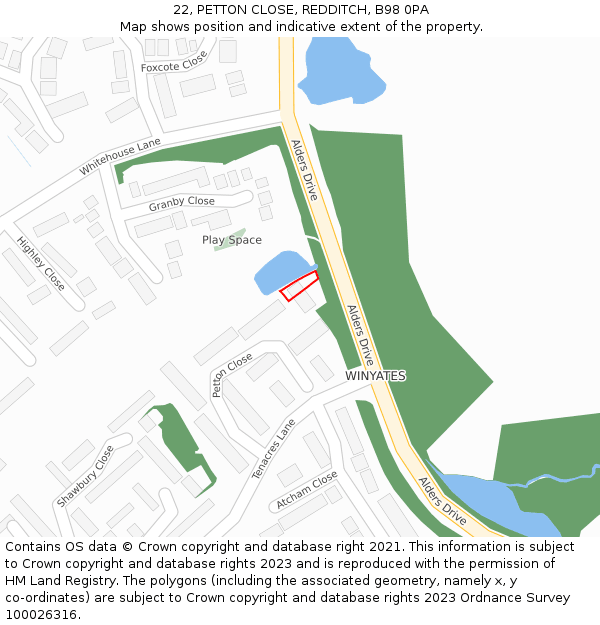 22, PETTON CLOSE, REDDITCH, B98 0PA: Location map and indicative extent of plot