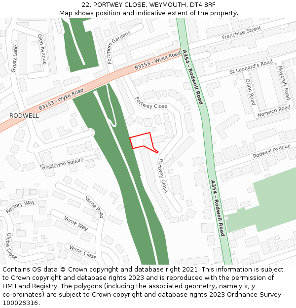 22, PORTWEY CLOSE, WEYMOUTH, DT4 8RF: Location map and indicative extent of plot