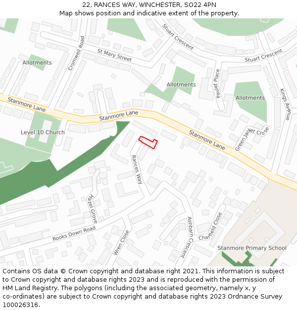 22, RANCES WAY, WINCHESTER, SO22 4PN: Location map and indicative extent of plot