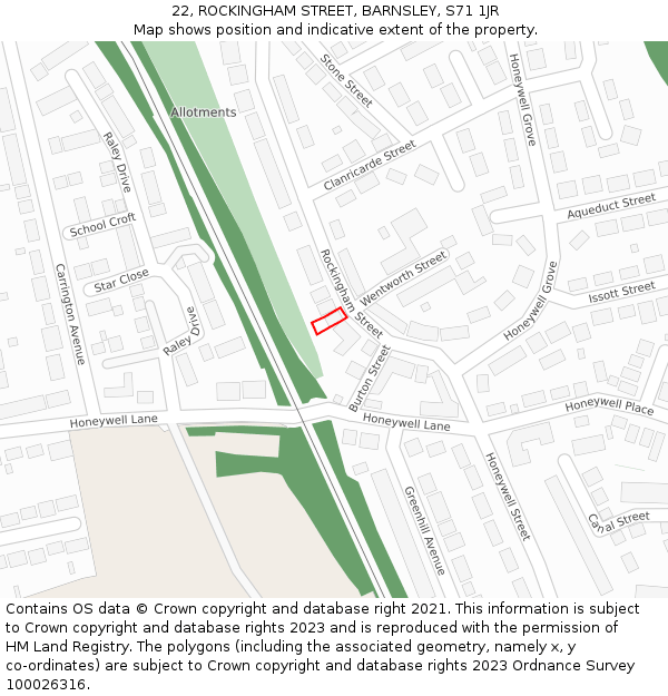 22, ROCKINGHAM STREET, BARNSLEY, S71 1JR: Location map and indicative extent of plot