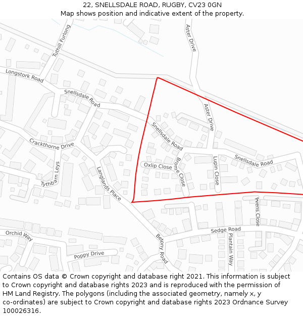 22, SNELLSDALE ROAD, RUGBY, CV23 0GN: Location map and indicative extent of plot