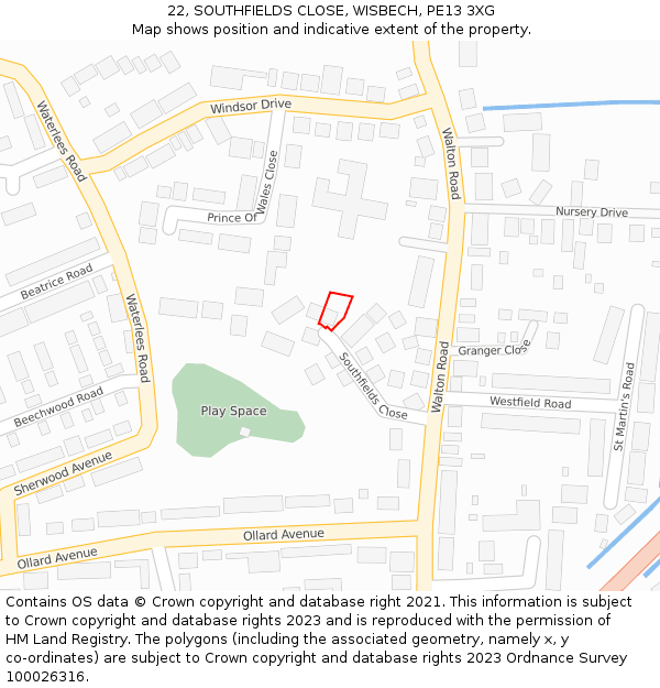 22, SOUTHFIELDS CLOSE, WISBECH, PE13 3XG: Location map and indicative extent of plot