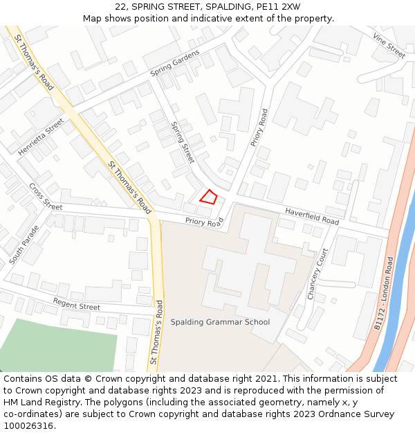 22, SPRING STREET, SPALDING, PE11 2XW: Location map and indicative extent of plot