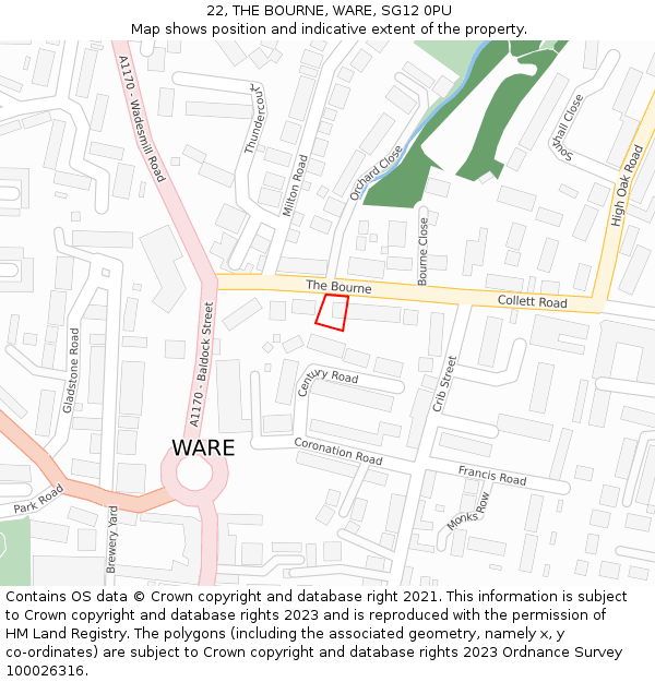 22, THE BOURNE, WARE, SG12 0PU: Location map and indicative extent of plot