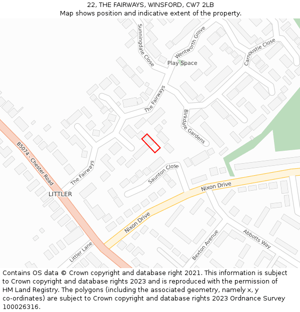 22, THE FAIRWAYS, WINSFORD, CW7 2LB: Location map and indicative extent of plot