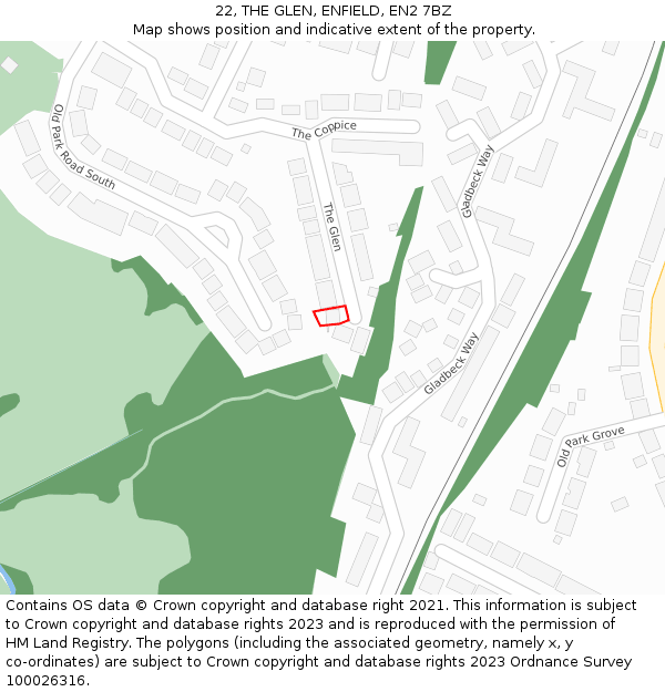 22, THE GLEN, ENFIELD, EN2 7BZ: Location map and indicative extent of plot