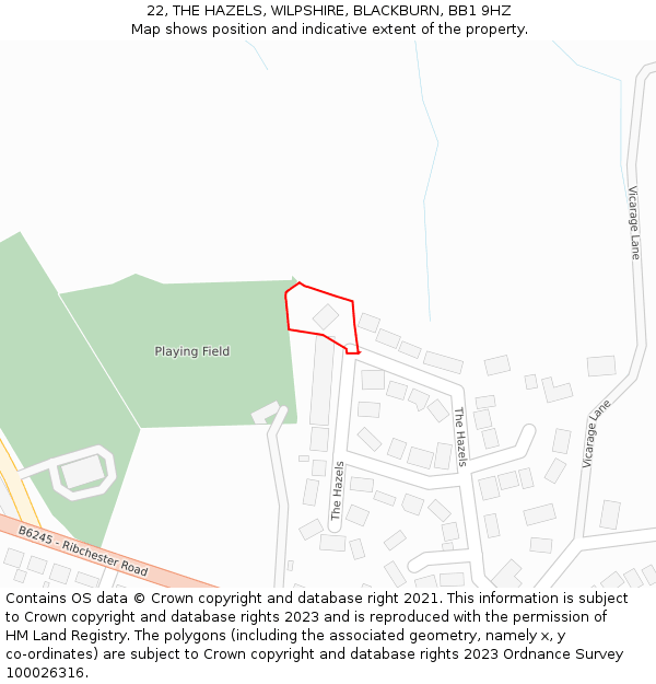 22, THE HAZELS, WILPSHIRE, BLACKBURN, BB1 9HZ: Location map and indicative extent of plot