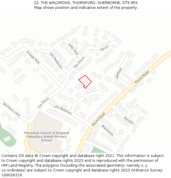 22, THE WALDRONS, THORNFORD, SHERBORNE, DT9 6PX: Location map and indicative extent of plot