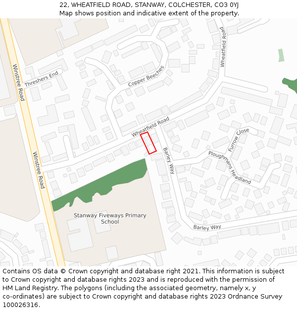 22, WHEATFIELD ROAD, STANWAY, COLCHESTER, CO3 0YJ: Location map and indicative extent of plot