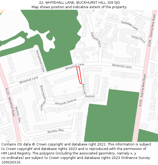 22, WHITEHALL LANE, BUCKHURST HILL, IG9 5JG: Location map and indicative extent of plot