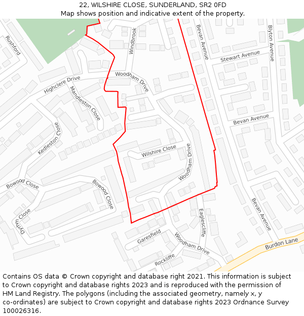 22, WILSHIRE CLOSE, SUNDERLAND, SR2 0FD: Location map and indicative extent of plot