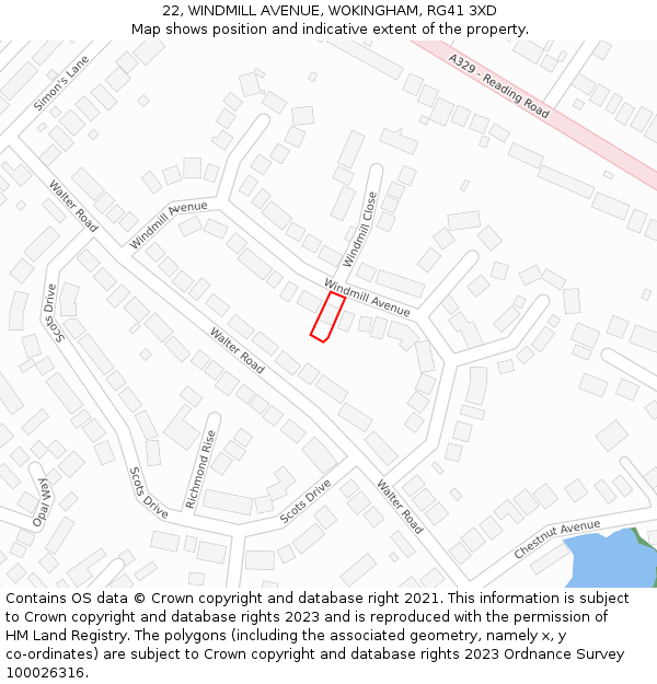 22, WINDMILL AVENUE, WOKINGHAM, RG41 3XD: Location map and indicative extent of plot