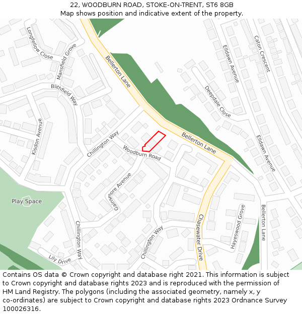 22, WOODBURN ROAD, STOKE-ON-TRENT, ST6 8GB: Location map and indicative extent of plot