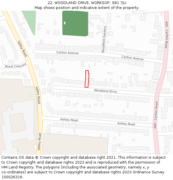 22, WOODLAND DRIVE, WORKSOP, S81 7JU: Location map and indicative extent of plot