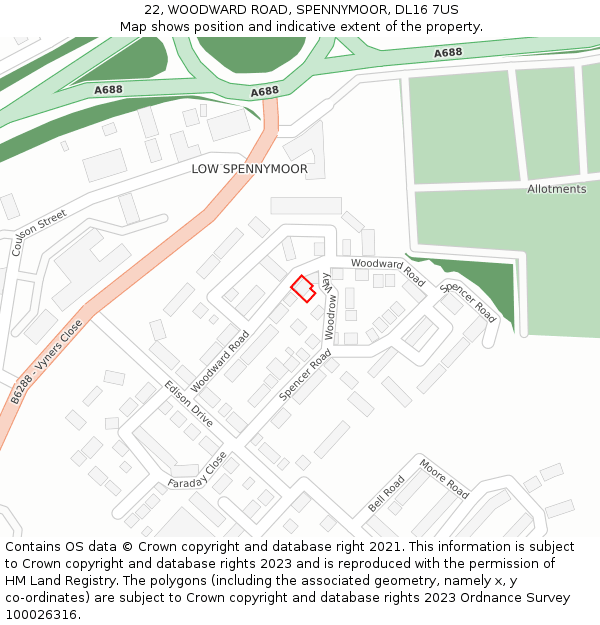 22, WOODWARD ROAD, SPENNYMOOR, DL16 7US: Location map and indicative extent of plot