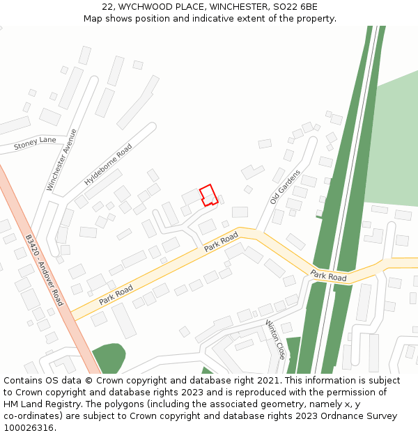 22, WYCHWOOD PLACE, WINCHESTER, SO22 6BE: Location map and indicative extent of plot