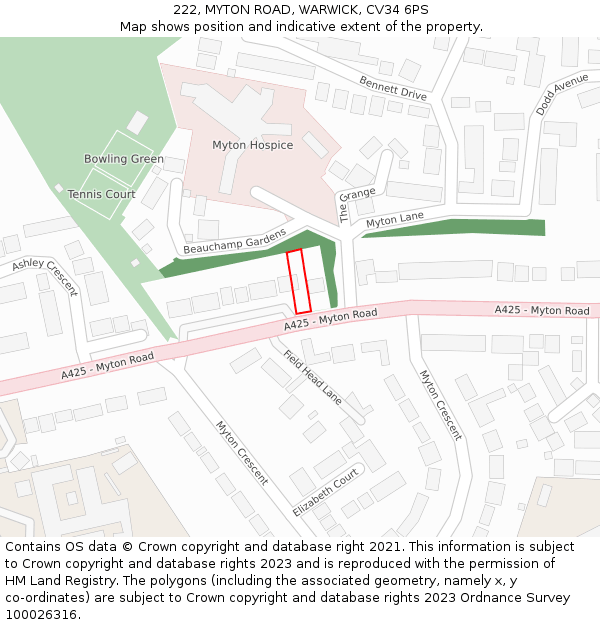 222, MYTON ROAD, WARWICK, CV34 6PS: Location map and indicative extent of plot