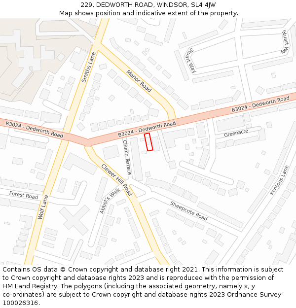 229, DEDWORTH ROAD, WINDSOR, SL4 4JW: Location map and indicative extent of plot