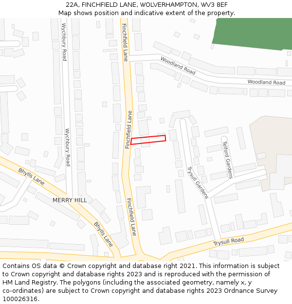 22A, FINCHFIELD LANE, WOLVERHAMPTON, WV3 8EF: Location map and indicative extent of plot