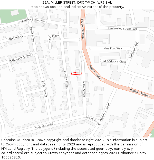 22A, MILLER STREET, DROITWICH, WR9 8HL: Location map and indicative extent of plot