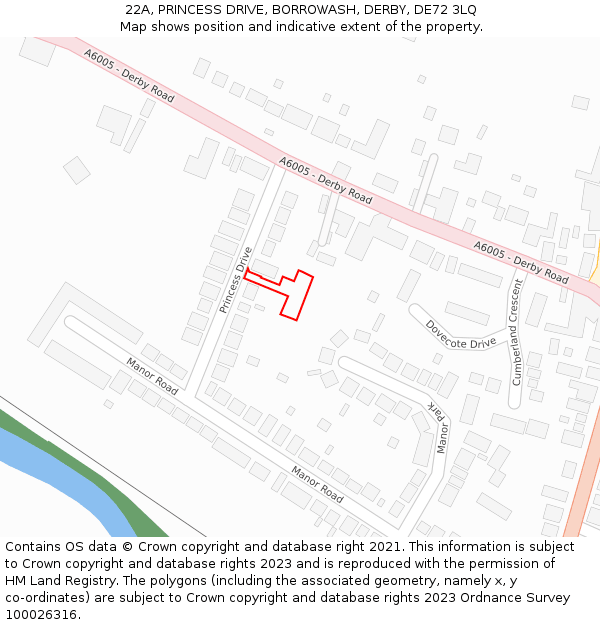 22A, PRINCESS DRIVE, BORROWASH, DERBY, DE72 3LQ: Location map and indicative extent of plot