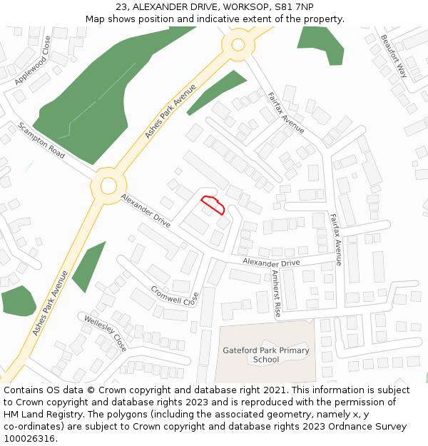 23, ALEXANDER DRIVE, WORKSOP, S81 7NP: Location map and indicative extent of plot