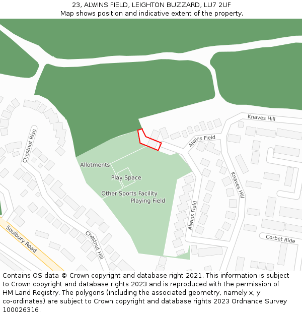 23, ALWINS FIELD, LEIGHTON BUZZARD, LU7 2UF: Location map and indicative extent of plot