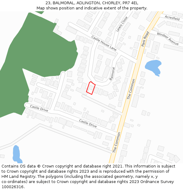 23, BALMORAL, ADLINGTON, CHORLEY, PR7 4EL: Location map and indicative extent of plot