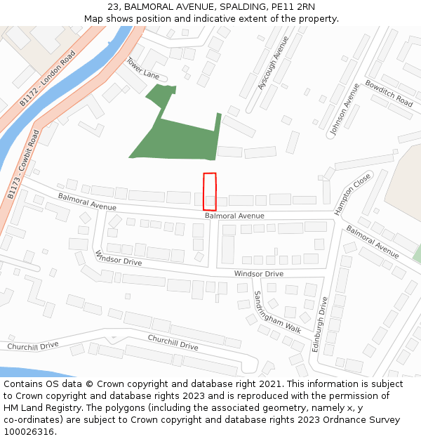 23, BALMORAL AVENUE, SPALDING, PE11 2RN: Location map and indicative extent of plot